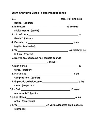 stem-changing verbs spanish worksheet answer key